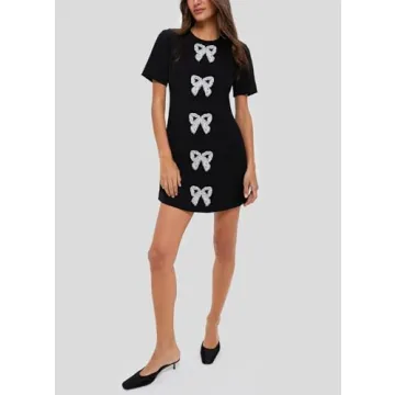 SCOFEEL Women's Short Sleeve Mini Dress Pearls Beaded Bow Tunic Dresses Elegant Crew Neck Party Dress Black