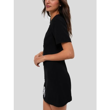 SCOFEEL Women's Short Sleeve Mini Dress Pearls Beaded Bow Tunic Dresses Elegant Crew Neck Party Dress Black