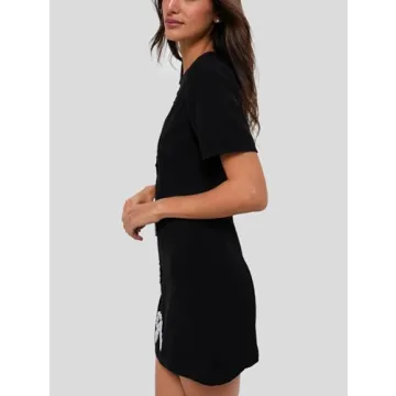 SCOFEEL Women's Short Sleeve Mini Dress Pearls Beaded Bow Tunic Dresses Elegant Crew Neck Party Dress Black