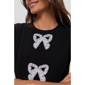 SCOFEEL Women's Short Sleeve Mini Dress Pearls Beaded Bow Tunic Dresses Elegant Crew Neck Party Dress Black