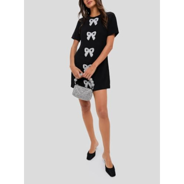 SCOFEEL Women's Short Sleeve Mini Dress Pearls Beaded Bow Tunic Dresses Elegant Crew Neck Party Dress Black