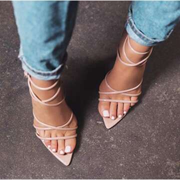 Cape Robbin Ada Strappy Pointy Open Toe Ankle Strap Stiletto Heel Sandals Beige (Nude, 10)
