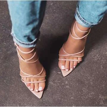 Cape Robbin Ada Strappy Pointy Open Toe Ankle Strap Stiletto Heel Sandals Beige (Nude, 10)