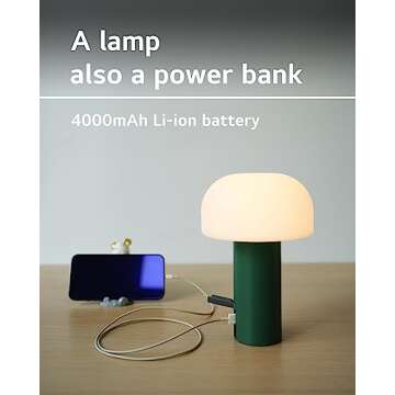 WEILAILUX Cordless Mushroom Table Lamp, Waterproof Shower Lamp, Battery Operated Table Lamp Rechargeable, Touch Dimmable Night Light for Bedroom/Patio/Camping/Dinning/Outdoor (Green)