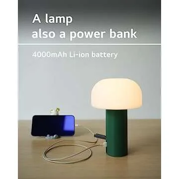 WEILAILUX Cordless Mushroom Table Lamp, Waterproof Shower Lamp, Battery Operated Table Lamp Rechargeable, Touch Dimmable Night Light for Bedroom/Patio/Camping/Dinning/Outdoor (Green)