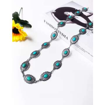 BOMAI Bring the lucky four-leaf clover waist chain belt Metal Turquoise Chain Chain Dress Belts Both sides can be worn