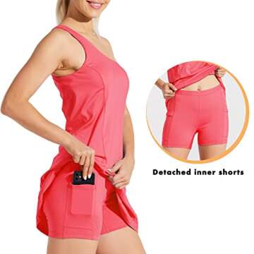 Willit Women's One Shoulder Dress Tennis Exercise Golf Athletic Dress with Bra & Shorts Active Dress with Pockets Peach Red L