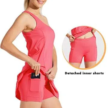 Willit Women's One Shoulder Dress Tennis Exercise Golf Athletic Dress with Bra & Shorts Active Dress with Pockets Peach Red L