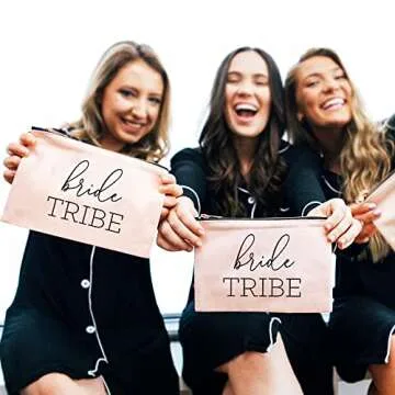 ModParty Bridesmaid Makeup Bags Set of 6| 1 Bride in White + 5 Bride Tribe in Peach Blush | Bachelorette Party Canvas Cosmetic Pouch | Bridal Party Gift Idea