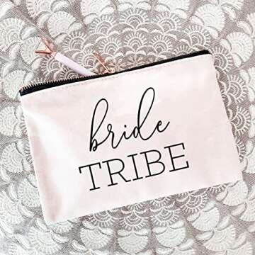 ModParty Bridesmaid Makeup Bags Set of 6| 1 Bride in White + 5 Bride Tribe in Peach Blush | Bachelorette Party Canvas Cosmetic Pouch | Bridal Party Gift Idea