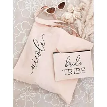 ModParty Bridesmaid Makeup Bags Set of 6| 1 Bride in White + 5 Bride Tribe in Peach Blush | Bachelorette Party Canvas Cosmetic Pouch | Bridal Party Gift Idea