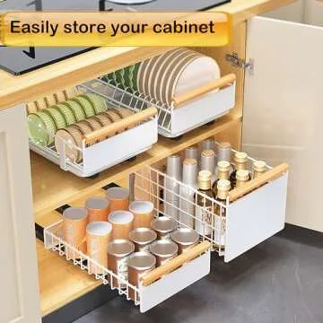 DCWINNES Pull Out Cabinet Organizer,Heavy Duty Slide Out Pantry Shelves With Adhesive Nano Film, Sliding Drawer Storage for Kitchen, Pantry, Shelves（14.96"Dx9.44"Wx3.54”H）