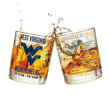 West Virginia University Whiskey Glass Set (2 Low Ball Glasses) - Contains Full Color West Virginia ...