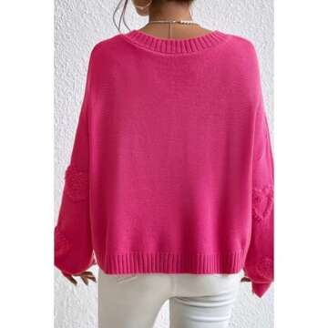 SELINK Women's Fuzzy Heart Sweater V Neck Pearl Drop Shoulder Casual Long Sleeve Valentines Sweaters Pullover Tops Pink-L