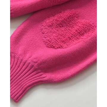 SELINK Women's Fuzzy Heart Sweater V Neck Pearl Drop Shoulder Casual Long Sleeve Valentines Sweaters Pullover Tops Pink-L