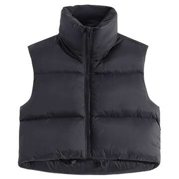 Fuinloth Women's Padded Vest, High Stand Collar Lightweight Zip Crop Puffy Gilet Black S