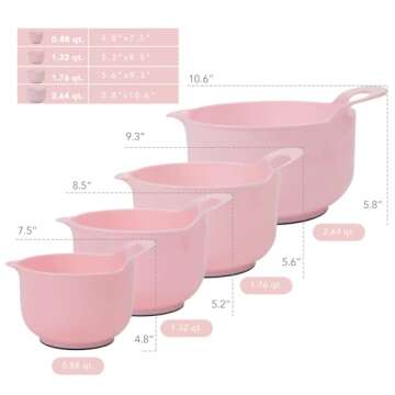 BoxedHome 4 Pack Nesting Mixing Bowl with Pour Spout and Handle, BPA free Microwave & Dishwasher Safe(Pink, 4 Pack with Handle)