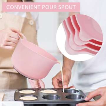BoxedHome 4 Pack Nesting Mixing Bowl with Pour Spout and Handle, BPA free Microwave & Dishwasher Safe(Pink, 4 Pack with Handle)