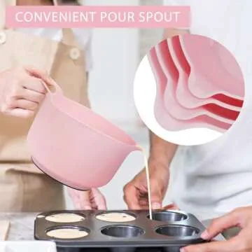 BoxedHome 4 Pack Nesting Mixing Bowl with Pour Spout and Handle, BPA free Microwave & Dishwasher Safe(Pink, 4 Pack with Handle)