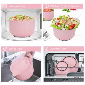BoxedHome 4 Pack Nesting Mixing Bowl with Pour Spout and Handle, BPA free Microwave & Dishwasher Safe(Pink, 4 Pack with Handle)