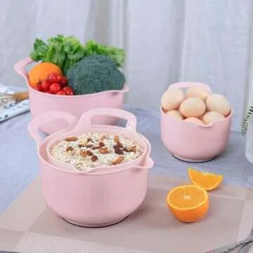 BoxedHome 4 Pack Nesting Mixing Bowl with Pour Spout and Handle, BPA free Microwave & Dishwasher Safe(Pink, 4 Pack with Handle)