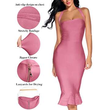 Women's Bandage Dress Sexy Halter Fishtail Bodycon Party Club Elegant Wedding Guest Dress (Antique Pink, S)