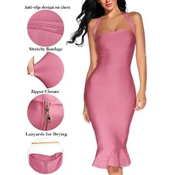 Women's Bandage Dress Sexy Halter Fishtail Bodycon Party Club Elegant Wedding Guest Dress (Antique Pink, S)