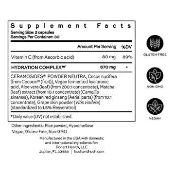 Hush & Hush SkinCapsule™ Hydrate+ - Skin Care Beauty Supplement - Promotes Anti-Aging - Glowing Skin with Hyaluronic Acid, Cococin & Ceramosides - Vegan, Non-GMO, Gluten Free - 60 Capsules