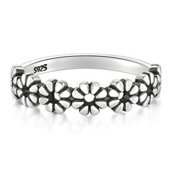 BoRuo 925 Sterling Silver Daisy Flower Wedding Band Ring
