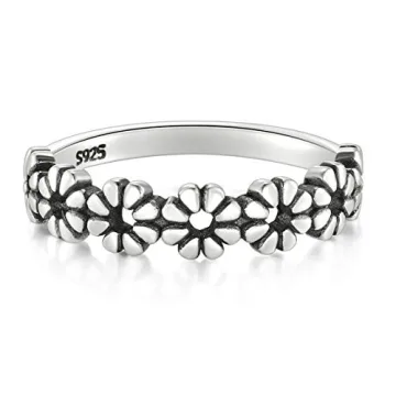 BoRuo 925 Sterling Silver Daisy Flower Wedding Band Ring