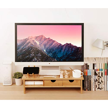 Monitor Stand Riser Desk Organizer-Bamboo 2 Tier Laptop Stand With Drawers, Adjustable Desktop Stora...