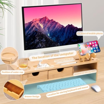 Stylish Bamboo Monitor Stand Riser with Storage Drawer