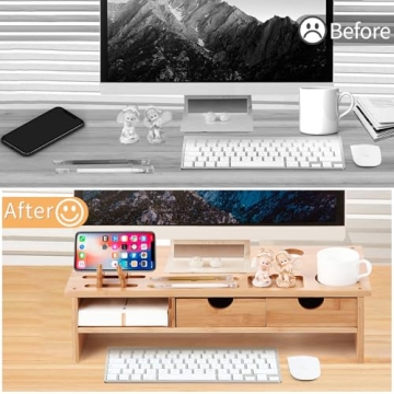 Stylish Bamboo Monitor Stand Riser with Storage Drawer