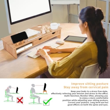 Stylish Bamboo Monitor Stand Riser with Storage Drawer