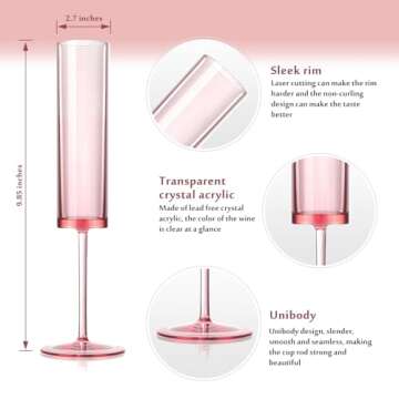6 Pieces Pink Champagne Flutes 6 OZ Acrylic Square Champagne Glasses Stemmed Coupes Reusable Wedding...