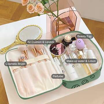 Peivob Drawstring Makeup Bag Open Lay Glat Toiletry Organizer Bag Cosmetic Bag Portable Large Capacity Makeup Bag for Travel Accessories Essentials (Green, Zipper Makeup Bag)