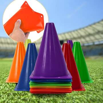 Traffic Cones 7 Inch Assorted Colors Plastic Traffic Cones - 12 Pack of 7 Multipurpose Construction Theme Party Sports Activity Cones for Kids Outdoor and Indoor Gaming and Festive Events