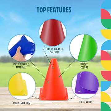 Traffic Cones 7 Inch Assorted Colors Plastic Traffic Cones - 12 Pack of 7 Multipurpose Construction Theme Party Sports Activity Cones for Kids Outdoor and Indoor Gaming and Festive Events