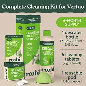 Nespresso Compatible Vertuo Cleaning & Descaling Kit. Includes 1 Bottle of Descaling Solution, 6 Cleaning Tablets and 1 Reusable Pod. Carbon Neutral Vertuoline Maintenance Kit. 6 Month Supply.