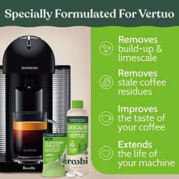 Nespresso Compatible Vertuo Cleaning & Descaling Kit. Includes 1 Bottle of Descaling Solution, 6 Cleaning Tablets and 1 Reusable Pod. Carbon Neutral Vertuoline Maintenance Kit. 6 Month Supply.