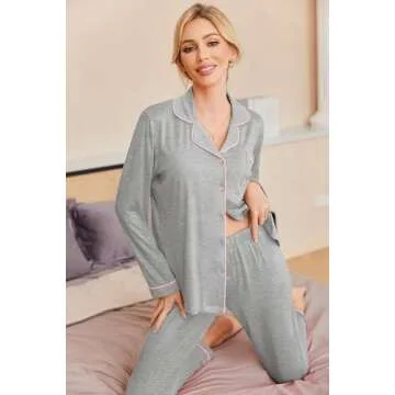 Ekouaer Womens Pajama Sets Long Sleeve Button Down Sleepwear Soft 2 Piece Pjs Lounge Set,Light Grey,M
