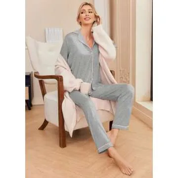 Ekouaer Womens Pajama Sets Long Sleeve Button Down Sleepwear Soft 2 Piece Pjs Lounge Set,Light Grey,M