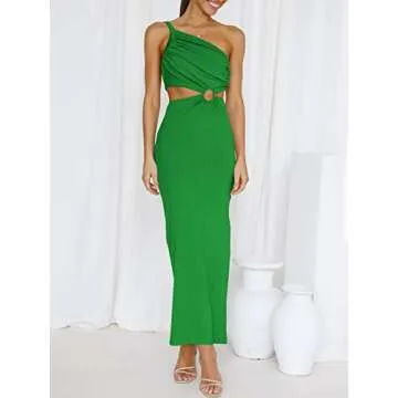 ANRABESS Women Summer One Shoulder Sleeveless Maxi Dress Cutout Sexy Bodycon Semi Formal Dinner Date Vacation Dresses Grass X-Large