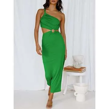 ANRABESS Women Summer One Shoulder Sleeveless Maxi Dress Cutout Sexy Bodycon Semi Formal Dinner Date Vacation Dresses Grass X-Large