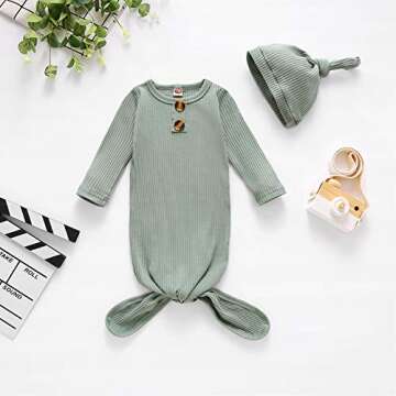 BASKOPA Baby Knotted Sleeper Gown Unisex Boys Girls Sleepsuits with Mitten Cuffs and Matching Hat Baby Coming Home Outfit Green