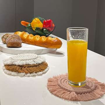 Coasters for Drinks Absorbent, Boho Coasters for Wooden Table, Macrame Coasters, Farmhouse Drink Coaster Set for Kinds of Mugs and Cups, 4PCS, Assorted Colors