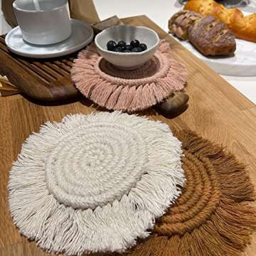Coasters for Drinks Absorbent, Boho Coasters for Wooden Table, Macrame Coasters, Farmhouse Drink Coaster Set for Kinds of Mugs and Cups, 4PCS, Assorted Colors