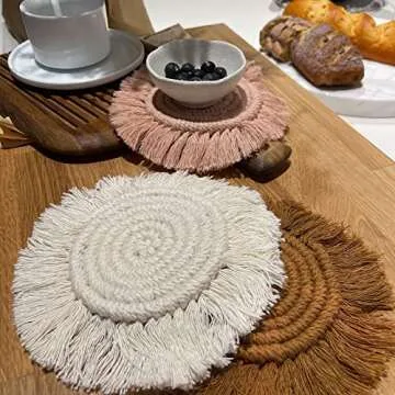 Coasters for Drinks Absorbent, Boho Coasters for Wooden Table, Macrame Coasters, Farmhouse Drink Coaster Set for Kinds of Mugs and Cups, 4PCS, Assorted Colors