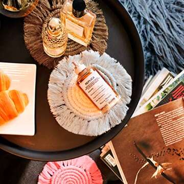 Coasters for Drinks Absorbent, Boho Coasters for Wooden Table, Macrame Coasters, Farmhouse Drink Coaster Set for Kinds of Mugs and Cups, 4PCS, Assorted Colors