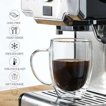 FULGNU Double Wall Glass Coffee Mugs, 12 Oz Clear Coffee Mugs with Handle, Insulated Glass Coffee Mu...